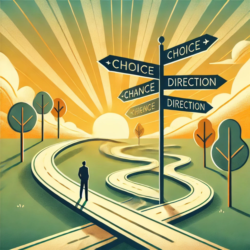 Des chemins se croisant, avec des panneaux de signalisation indiquant "choice", "direction"