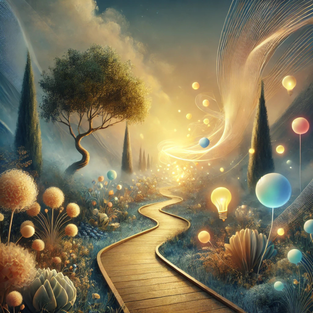 Un chemin, avec un environnement imaginaire, un peu féérique, des des choses, ballons, etc qui émergent le long du chemin